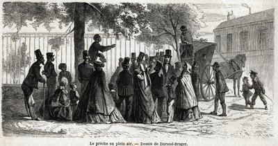 Le preche en plein air, v Londýně, kresba Durand Brager, pro ilustraci Exkurze do chudých čtvrtí Londýna, v roce 1862, L.Simonin. Rytina v „“Le tour du monde““, editoval Edouard Charton od Unknown artist