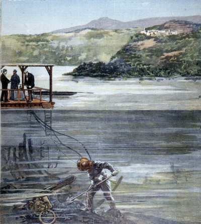 Potápěč Paolo Pardi pracující na římských lodích v jezeře Nemi s potápěčem Siebe v roce 1893. od Unknown artist