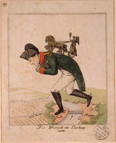 "Přání Berlíňanů"" (Přání Berlíňanů) Karikatura představující císaře Napoleona I. (1769-1821) nesoucího na zádech kvadrigu Braniborské brány přejít Mohuč při obléhání pevnosti Anonymní karikatura od Unknown artist
