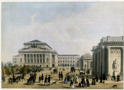 Alexandrinski Theatre (nebo Alexandra) v Petrohradu (The Alexander Theatre in Saint Petersburg). Anonymní dílo, barevná litografie, kolem roku 1830. Klasicismus 19. století. Státní muzeum divadla a hudebního umění, Petrohrad. od Unknown artist