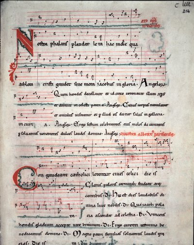 Leták poutnického průvodce s texty o pouti Santiago de Compostela (Santiago de Compostella) Fol. 214 r. Z rukopisu ze 13. století. Archiv katedrály Santiago de Compostela (Santiago de Compostela), Španělsko od Unknown artist