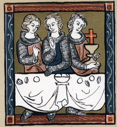 Legenda Arthurian: Galahad (Gaalad nebo Galaad), Perceval a Bohort (Bors nebo Borrt) se svatým grálem. V „Dějinách francouzské literatury“ od Hermanna Suchiera od Unknown artist