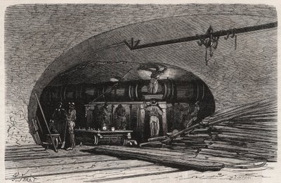 Stoky v Paříži: ohyb potrubí poblíž mostu Saint Michel (Saint-Michel), Place du Chatelet - rytina v „“Le Monde Illustré““ od Unknown artist