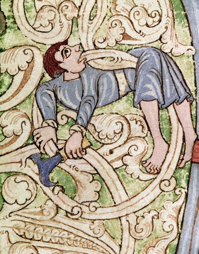 Lettrine C dekoree reprezentace dřevorubce. Miniatura z Bible (Starý zákon) (Ms 3088) Coimbra z 12. století, Univerzitní knihovna od Unknown artist