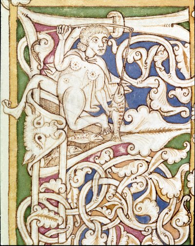 Lettrine P decoree reprezentace ženy lovící ryby. Miniatura z Bible (Starý zákon) (Ms 3088) Coimbra z 12. století, Univerzitní knihovna od Unknown artist