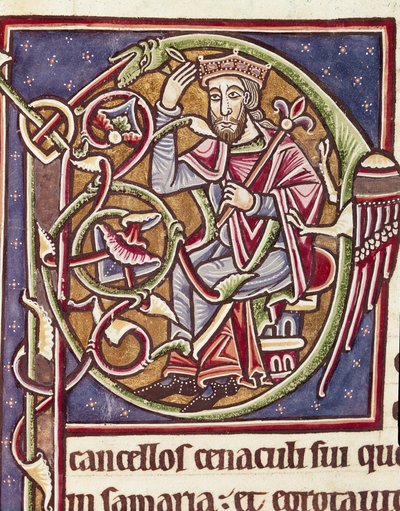 Lettrine P decoree vyobrazení krále země Moab Miniatura z Bible (Ms 3088) Coimbra z 12. století, bibliotéka univerzity od Unknown artist