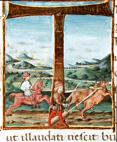 Lettrine T decoree jezdce a cvičitele volů - Miniatura převzatá z „“The Bucoliques““ (Eglogues) od Virgila (Publius Vergilius Maro) (70-19 př.nl) (Ms IV E.12). 15. století Neapol, Národní knihovna od Unknown artist