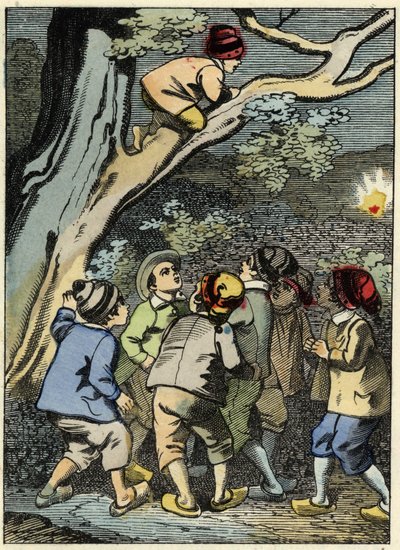 Malý Poucet leze na strom a hledá si cestu. Sbírá světlo v lese. Ilustrace příběhu Charlese Perraulta „Le Pepetit Poucet“ od Unknown artist