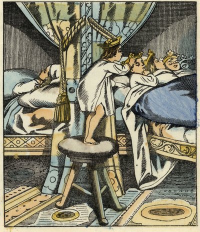 Malý Poucet nasazuje na hlavu svých bratrů koruny sedmi zlobrových dcer. Ilustrace příběhu „Le Petite Poucet“ od Charlese Perraulta od Unknown artist