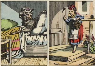 Červená karkulka klepe na dveře babičky. Ilustrace pohádky „Červená karkulka“ od Charlese Perraulta od Unknown artist