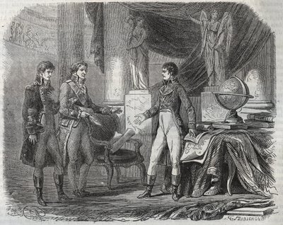 Lord Cornwallis (1738-1805) vyjednávající smlouvu z Amiens (1802) s Napoleonem Bonapartem (1769-1821) - mír z Amiens, Francie - smlouva podepsaná v březnu 1802, která ukončila revoluční války od Unknown artist