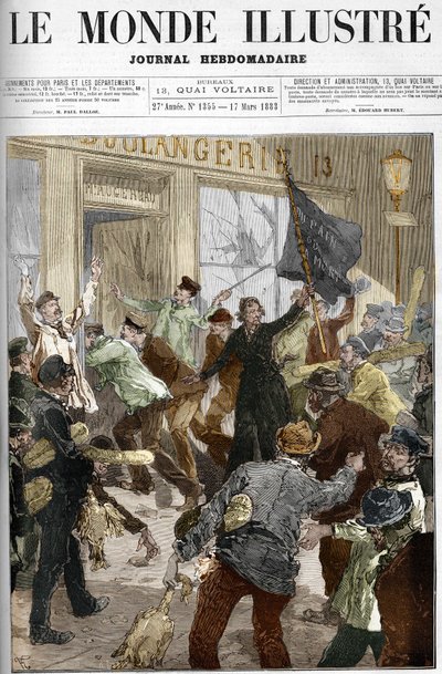 Louise Michel (1833-1905), francouzský revolucionář, mávající černou vlajkou s nápisem „chléb nebo smrt“ při plenění pekárny během dělnické demonstrace 9. března 1883 v Paříži. od Unknown artist