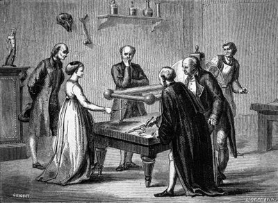 Luigi Galvani, profesor v Bologni, objevil v roce 1780 dráždivost svalů žáby elektřinou. Rytina 19. století. od Unknown artist