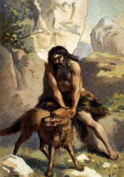 Lykantropie: Delire toho, kdo si myslí, že se proměnil ve vlka. Chromo z 19. století od Unknown artist