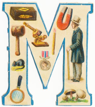 M: zápalky, magnet, palička, mikroskop, myš, medaile, muž, lupa, houby (barva lito) od Unknown artist