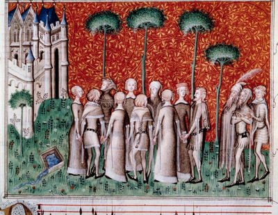 Machaut našel svou dámu. Miniatura z partitury v „Remede de Fortune““ (Folio 51) od Guillaume de Machaut (v. 1300-1377), přibližně 1350-1355. od Unknown artist