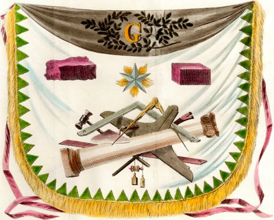 Zástěra Macon franc zobrazující zástěru zdobící symboly freesunry. Rytina z 19. století Soukromá sbírka od Unknown artist