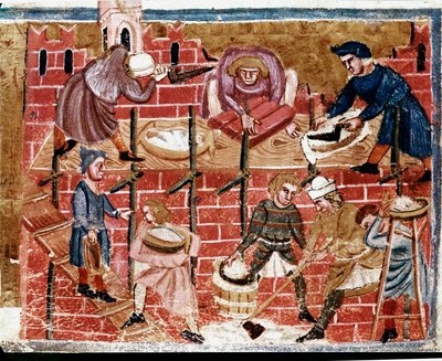 Macons a stavitelé domů. Miniatura převzata z „“ Fakta o Římanech“““ Benátky 13. století, biblioteca Marciana od Unknown artist