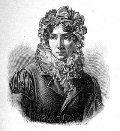 Madame de Genlis - Portrét Stéphanie blahopřeje hřebenu svatého Aubina (Saint-Aubin) (1746-1830), hraběnky z Genlis, francouzské ženy s literaturou. od Unknown artist