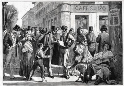 Madrid v roce 1873. Chodci na rohu Seville Street a Alcala Street. Rytina z roku 1873. od Unknown artist
