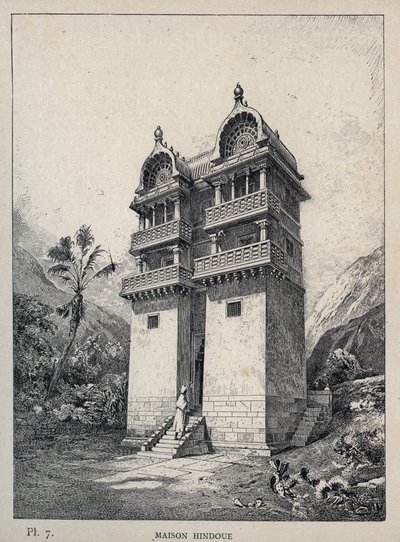 Maison Hindu (Hinduistický dům) - rytina z roku 1889 v „Historie lidského obydlí na Světové výstavě v roce 1889, pan Charles GARNIER - Librairie centrale des beaux-arts Paris 1889 od Unknown artist
