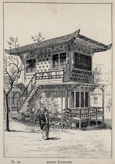Japonský dům (japonský dům) - rytina z roku 1889 v „Historie lidského obydlí na Světové výstavě v roce 1889, pan Charles GARNIER - Librairie centrale des beaux-arts Paris 1889 od Unknown artist