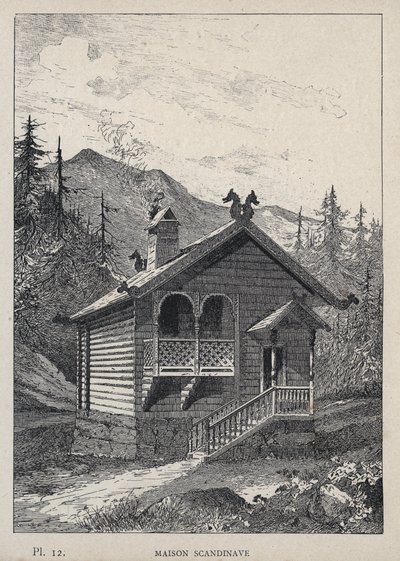 Maison Scandinavian (Skandinávský dům) - rytina z roku 1889 v „Historie lidského obydlí na Světové výstavě v roce 1889, pan Charles GARNIER - Librairie centrale des beaux-arts Paris 1889 od Unknown artist