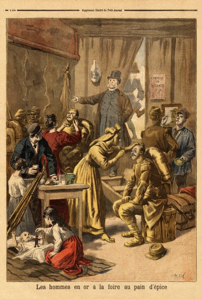 Líčení herců živého obrazu „“muži ve zlatě“““ na veletrh perníku. Rytina v „“ Le petit journal““ 16.4.1894. Selva sbírka. od Unknown artist