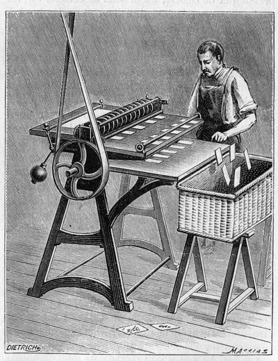 Vytváření karet pro hraní starými metodami. Decoupage hracích karet. Rytina z roku 1893. od Unknown artist