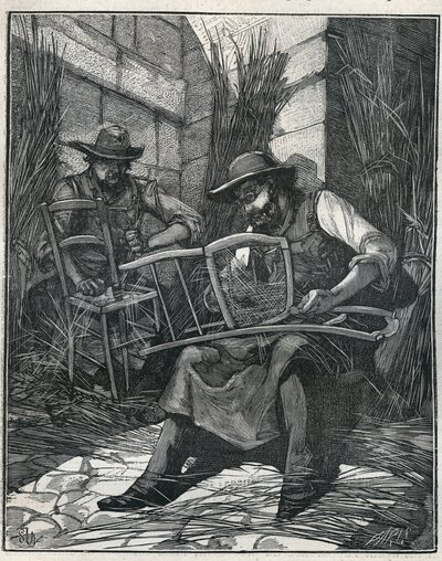 Výroba židlí: mulčování a výplet židlí. Rytina z roku 1885 v „“Les arts et metiers illustres““ od Adolphe BITARDA. od Unknown artist