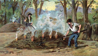 Výroba dřevěného uhlí, spalovací pec. Chromolitografie konce 19. století od Unknown artist