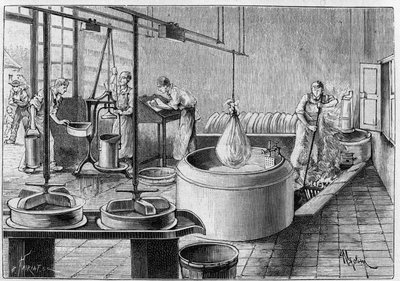 Výroba gruyere: moderní sýrárna. Gravírování v "" Přírodě: přehled věd a jejich aplikací v umění a průmyslu "" z 19. září 1891. od Unknown artist
