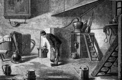Výroba kirsche: destilace, zámek Isenberg v Alsasku. Rytina do „“Le Journal de la jeunesse““ od Unknown artist
