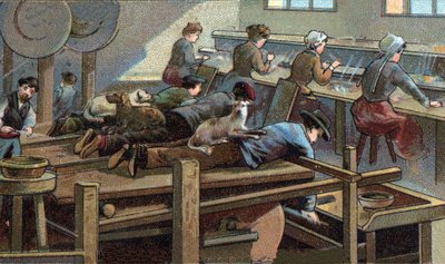 Výroba nožů, lisovna. Chromolitografie konce 19. století od Unknown artist