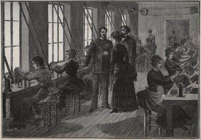 Výroba kovových peří: brusírna ve Francii v 19. století. Rytina z roku 1885 v „“Les arts et metiers illustres““ od Adolphe BITARDA. od Unknown artist