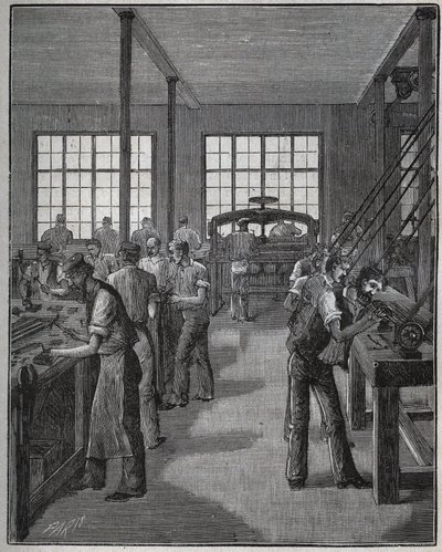 Výroba držáku na tužky (držák na tužky) a držáku na tužky (držák na tužky). Rytina z roku 1885 v „“Les arts et metiers illustres““ od Adolphe BITARDA. od Unknown artist