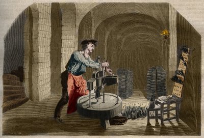 Výroba šumivého šampaňského vína: stáčecí stroj používaný ve sklepě. Rytina z roku 1858 v „“Le Musee Des Sciences““ od Unknown artist