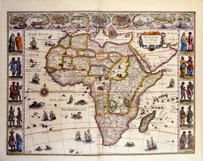 Mapa Afriky z atlasu Williama Blaeua. Na vrcholu jsou města Tanger, Ceuta, Alžír, Tunis, Alexandrie, Alcair, Mosambik, Saint Georges de la Mina, Kanárské ostrovy. Různé ostrovy jsou také zastoupeny mimo Afriku, ostrovy Mascareignes, Mada od Unknown artist
