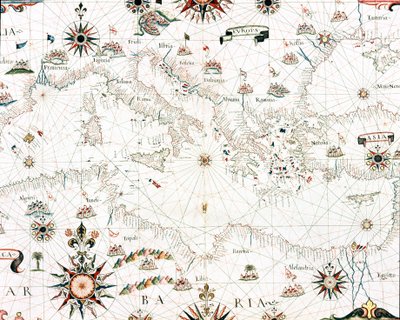 Mapa Středozemního moře a pobřeží (Detail portulanu Castellini od Unknown artist