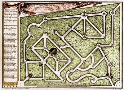 Mapa bludiště v parku zámku ve Versailles, kterou vytvořil Andre Le Notre (1613-1700). Gravírování v „“ La Nature. Revue des sciences et de ses applications aux arts et a l