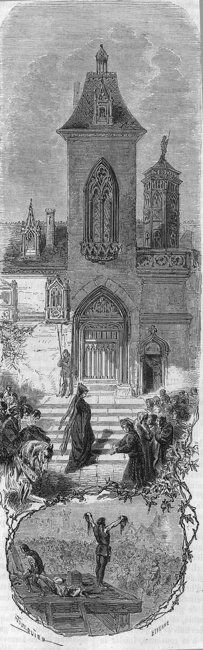 Marie de Burgundy žádá o milost svých ministrů. Smrt Hugonata a otce Humbercourta dne 3. dubna 1477. Rytina z 19. století. od Unknown artist