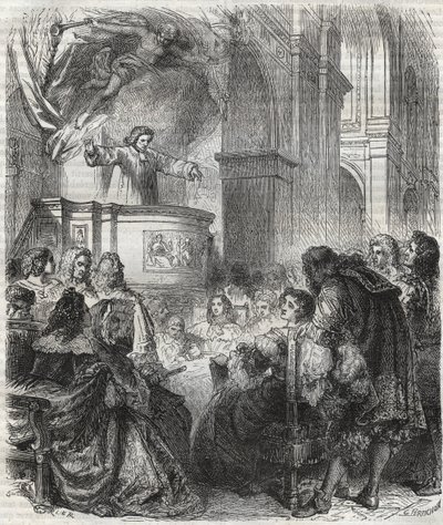 Marie de Rabutin-Chantal (Rabutin Chantal), markýza ze Sevigne známá jako Madame de Sevigne (1626-1696), poslouchejte Louise Bourdaloue (1632-1704) francouzsky v kostele jezuitů, Saint-Louis v Paříži - rytina z roku 1866 od Unknown artist