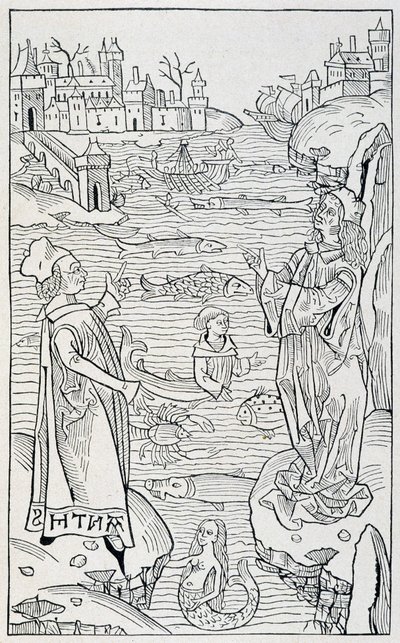Mořská zvířata a nestvůry - titulní strana kapitoly „“ De Piscibus““ z „“ Hortus Sanitatis“, vydání Mainz z roku 1491 od Unknown artist
