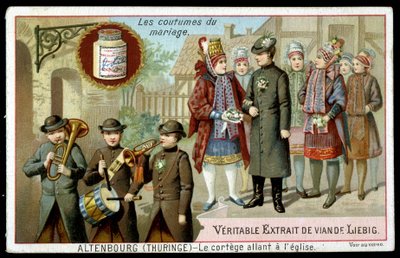 Svatební zvyky: průvod jdoucí do kostela v Altenburgu (Durynsko) - chromo. Liebig, v. 1895 od Unknown artist