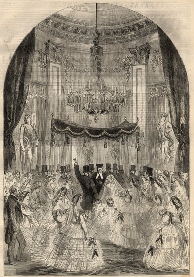 Sňatek barona Alphonse de Rothschild (1827-1905) a Leonory de Rotschild (1837-1911). Mary se naučila házet drink na podlahu, což je poslední fáze židovského sňatku nazývaná „rozbité sklo“. Gravírování do „“The Illustrated London News““ z března od Unknown artist