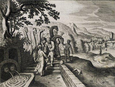 Manželství Izáka a Rebeky. Rytina z bible ze 17. století. od Unknown artist
