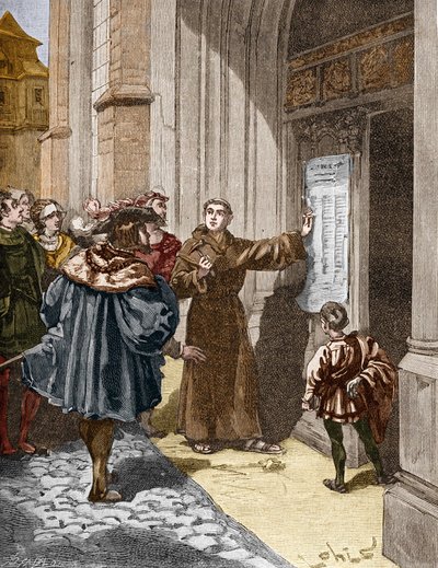 Martin Luther (1483-1546) visí ve Wittenbergu svých 95 tezí od Unknown artist