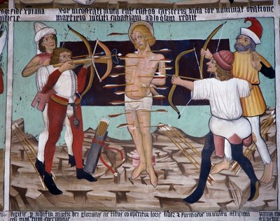 Umučení svatého Šebestiána, život svatého Šebestiána (15. století), fresky, kaple svatého Šebestiána, Villard-de-Lans, Rhone-Alpes, Francie. od Unknown artist