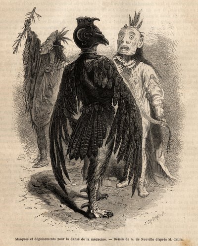 Masky a převleky pro tanec medicíny mezi indiány Naya. Rytina pro ilustraci exkurze mezi indiánskými kmeny povodí Kolumbie a Horní Missouri, od G. Catlina, v roce 1855, publikovaná v „“ le tour du monde“ pod vedením od Unknown artist
