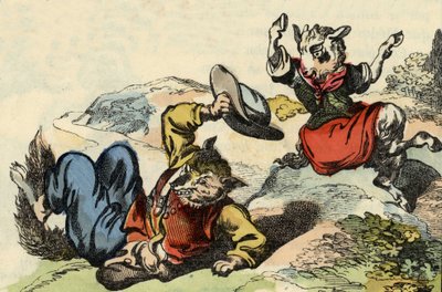 Mistr liška si hraje s kozičkou. Ilustrace příběhu „Bon medor a malý Chevrette““. V „“ Pohádky z domova pro nejmenší““. Anonymní rytina 19. století. od Unknown artist